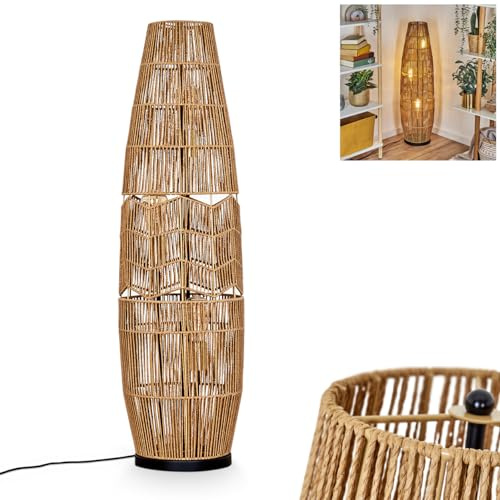 Stehleuchte Karby, Stehlampe aus Metall/Seil in Schwarz/Braun/Goldfarben, Leuchte im Boho-Design mit Schirm in Gitter-Optik (Ø 30 cm), Höhe 105 cm, An-/Ausschalter am Kabel, 3 x E27, ohne Leuchtmittel