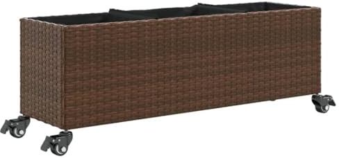 vidaXL Jardinière avec roulettes et 3 Pots Marron 107x32x38 cm rotin, jardinière d'extérieur, bac à Fleurs, bac à tomates, jardinière de terrasse