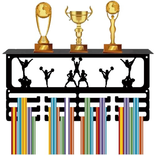 CREATCABIN Cheerleading Medal Hanger Display Trophy Shelf Medal Holder with Shelf Stand Sports 4 Rows Metal Hanging Wall Mount Frame Hold 70+ Medals for Cheerlead Competition Medals Rack 15.7x7.9Inch