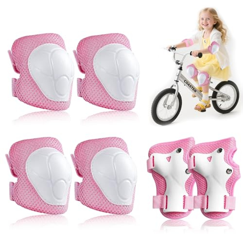 Casenly Knäskydd för barn, 6-i-1-skyddsutrustning, inlines, justerbart skyddset med knäskydd, armbågsskydd och handledsskydd för skoter, skateboard, skidåkning, rosa
