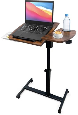Mobiler Hubtisch Betttisch auf Rollen, Stehtisch Laptoptisch Computertisch, Tischplatte Kippbar Drehbar Faltbar, Beistelltisch Nachttisch für Sofa Wohnzimmer Schlafzimmer, 66-95 cm (Holzmaserung)