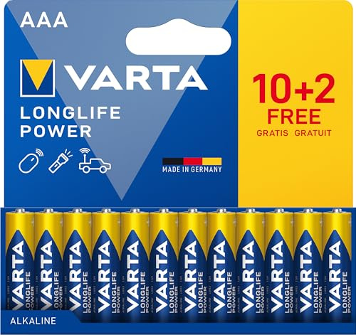 VARTA Batterien AAA, 10+2 (12 Stück), Longlife Power, Alkaline, 1,5V, ideal für Spielzeug, Funkmaus, Taschenlampen, Verpackung zu 90% recycelt, Made in Germany | Micro-Batterie LR03, Made in Germany, bis 10 Jahre lagerfähig, für Spielekonsole, Zahnbürste, Maus oder Controller