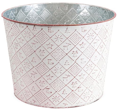 Runder Pflanztopf Winterdeko, Pflanzkübel in Ø 25 x 19 cm, Rot - Metall Pflanzschale als Weihnachtsdeko - Dekorative Blumenschale für Zimmerpflanzen, Blumentopf für Fensterbank oder Garten