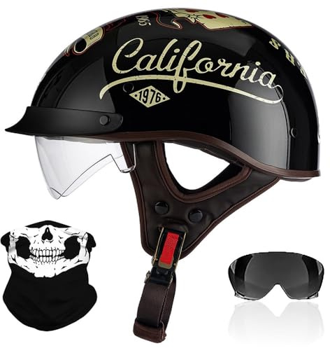 RHBDDHV Retro Motorrad Halbhelme, Motorradhelm mit ECE Zertifiziert, Vintage Deutscher Stil Jethelm mit Visier, Halbschalenhelm Damen und Herren, für Biker Chopper Cruiser Roller Scooter