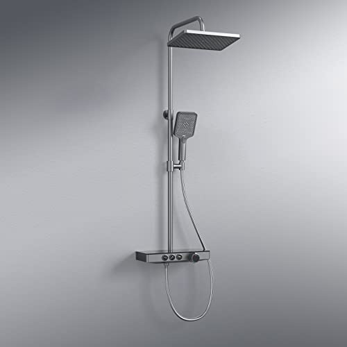 EMKE Duschsystem mit Thermostat, regendusche mit thermostat, 30x20cm Duschset, Brauseset Handbrause mit 3 Strahlstärken, Regendusche Duschsystem mit Glasablage, KTW Zertifizieren, Anthrazit Matt