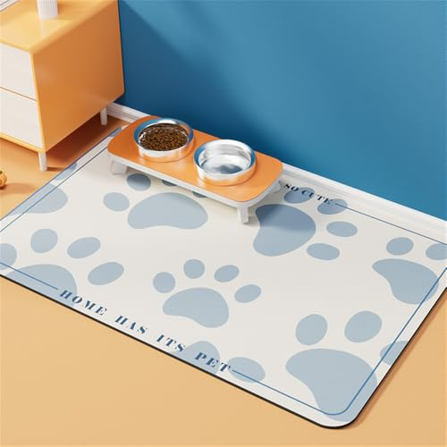 Hixingo Napfunterlage Hund Katzen Futternapf Unterlage, Saugfähige Haustier Futtermatte rutschfeste Hundenapf Unterlage Waschbar Katzennapf Futtermatte (Blaue Pfote,50x70cm)