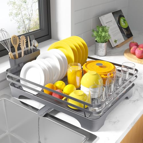 Kitsure Abtropfgestell Geschirr mit Besteckhalter, 40 x 30,5 x 14 cm, Grau | Drehbarer Auslauf, Besteckhalter, rostbeständig, platzsparendes Design, für Geschirr, Besteck und Küchenutensilien