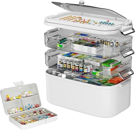 NiHome Medikamentenbox 4-stöckig mit Pillendose(Groß)