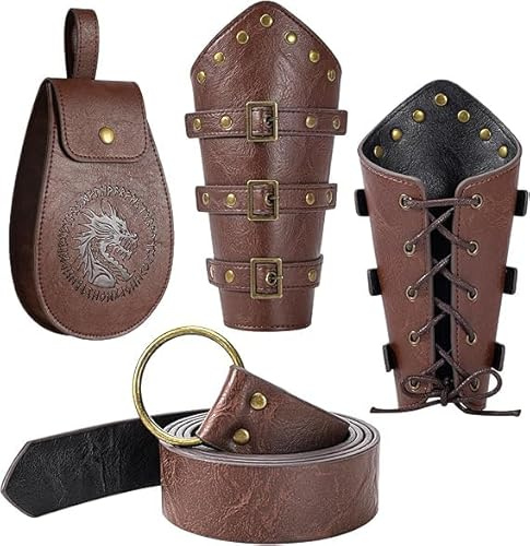 LUYANFX 3 Stück Mittelalterliche Accessoires Set,Wikinger Renaissance Kostüm Zubehör,Mittelalter Kleidung Damen Herren, Mittelalter Armschienen Gürteltasche Gürtel,für Halloween Renaissance Cosplay
