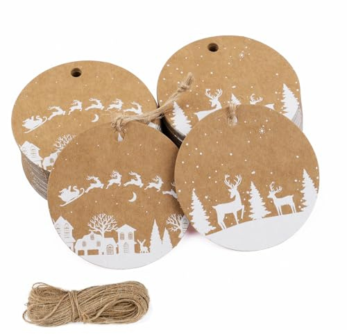 100 Stück Geschenkanhänger Weihnachten,Weihnachtsanhänger Zum Beschriften,5.5Cm Rund Anhänger Weihnachten mit 20m Schnur,Kraftpapier Etiketten für Weihnachten Deko,DIY Geschenke,Flaschenetiketten