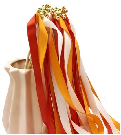 Qiantull Lot de 20 baguettes magiques pour mariage - Serpentins avec clochette - Baguettes en soie - Baguettes de fée - Pour mariage, anniversaire, fête - Rouge orange