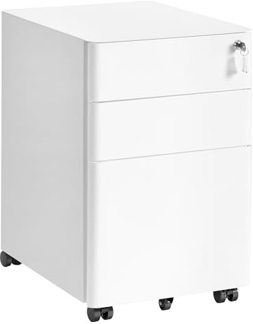 SONGMICS Schubladenschrank, Rollcontainer mit 3 Schubladen, abschließbarer Aktenschrank, vormontiert, Metallschrank, Druckertisch, Büro, Homeoffice, 50 x 39 x 59 cm, mattweiß OFC032WG01