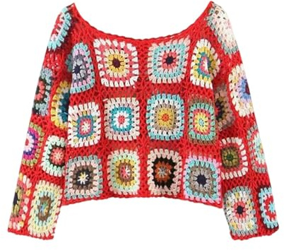 Maglione da donna fatto a mano, con pizzo all'uncinetto, maniche lunghe, per donne alla moda, Colore: rosso, Taglia unica