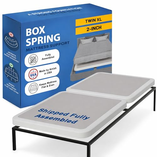 Greaton, Box Spring Bed Base Twin XL Size, 2-Inch Wood Mattress Foundation - Amish Made in USA – Quiet Noise Free, 2-Pieces Under Mattress-Support BoxSpring, Fully Assembled, White