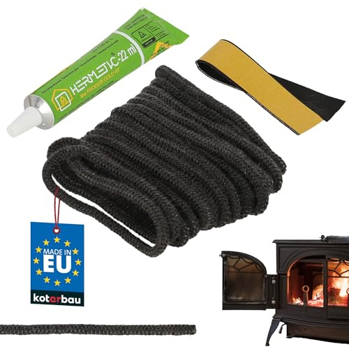 KOTARBAU® Junta Cristal Chimenea - Fibra de Vidrio - ⌀ 4 mm - 2,5 m - con Adhesivo - Cordon Chimenea - Cordon Cristal Estufa - Resistente al Calor - Kit Reparación - Negro