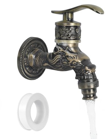 Eclove 1/2 Grifo de Pared Vintage Dragón Tallado en Latón Antiguo con 10 m Cinta de Sellado, Grifo de Aleación de Zinc para Jardín, Cocina, Baño, Lavadora, Fregadero, Instalación Fácil