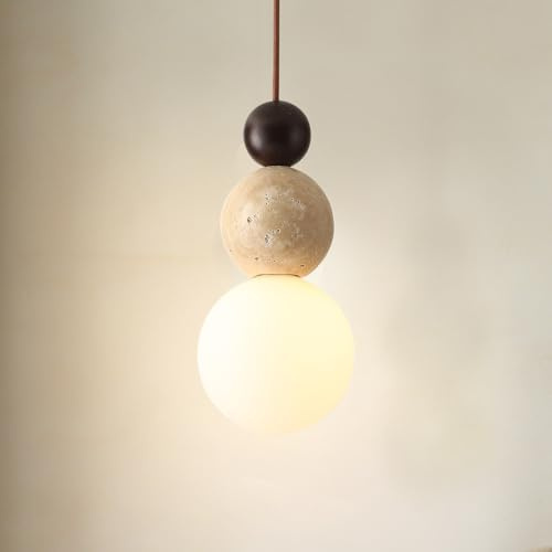 kaixunl 7W Travertin Deckenlampe Wabi Sabi japanische Holz Stein Hängelampe Kugelförmige Pendelleuchte Höhenverstellbar küchenlampe Modern Pendelleuchte für Schlafzimmer Esszimmer Wohnzimmer Küche
