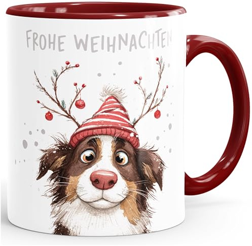 SpecialMe® Weihnachtstasse Frohe Weihnachten Australian Shepherd Lustig Kaffee Tasse Geschenkidee Keramiktasse Weiss-innen-bordeauxrot standard