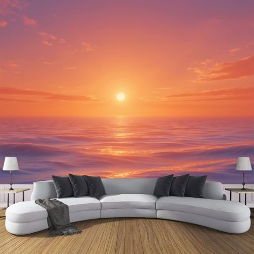 Papel Pintado De Mural Seda Atardecer Dorado Sobre El Mar, Fotomurales Paisaje Costero De Verano 250x175cm, Decoración De La Pared Murales Para Salón Dormitorio Habitación