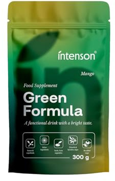 Intenson Green Formula, Mango, Super Greens en Poudre, 300 g | Mélange de Superaliments avec Chlorella, Spiruline, Ashwagandha avec OPC et Moringa, Sans Sucre, Naturellement Sucré