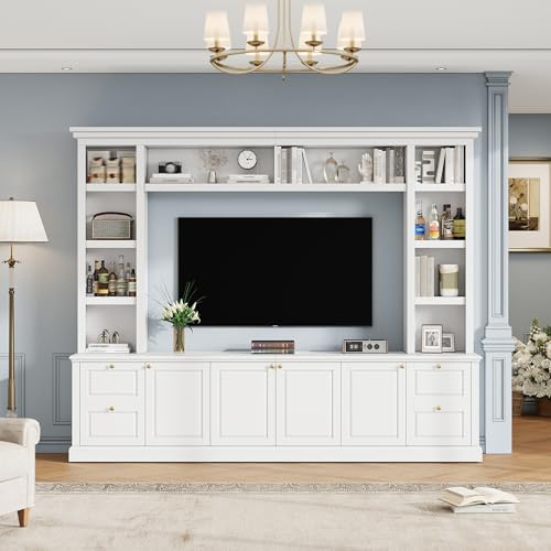 SOFTSEA 4-Piece Entertainment Center Wall Unit for TVs up to 70, Large TV Stand with Bookshelves, 6 Doors & Adjustable Shelves, Modern Wall Unit Media Console with Bridge for Living Room, White