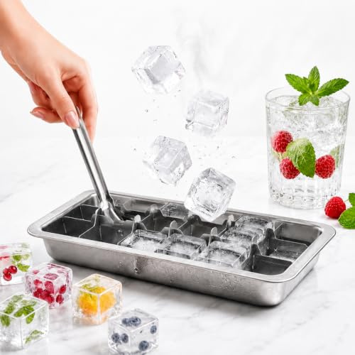 BADCRIS Moule à glaçons en acier inoxydable, Bac à Glaçons Inox | Moule à Glaçons Carré en Acier Inoxydable 18 Fentes avec Levier, Facile à Détacher pour Cocktails, Whisky, Aliments