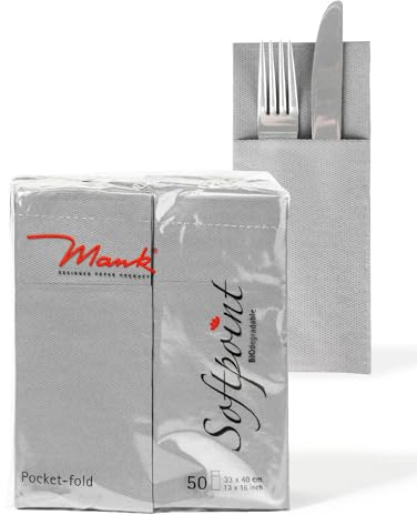 Mank Lot de 50 Serviettes à Couverts en Softpoint - 40 x 33 cm, Pliage en 8 Avec Fente - Pour Pub, Restauration et Célébrations - Grises