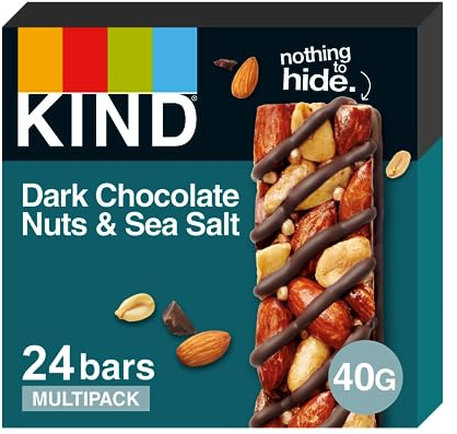 KIND Bars, Gluten Free Snack Bars, Dark Chocolate Nuts & Sea Salt, High Fibre, Healthy Snack, No Artificial Colours, Flavours or Preservatives, Multipack 24 x 40g