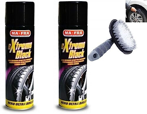HITOPSELLER MAFRA Extreme Black Nero Gomme Spray Ultra Brillante, con Effetto Bagnato, Resistente a Pioggia e Lavaggi Frequenti 500ml con Spazzola pulisci Cerchi(2)