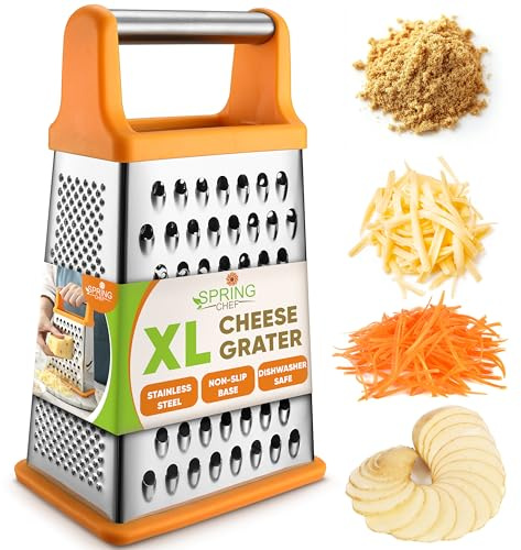 Spring Chef Handheld Stainless Steel XL Parmesan Cheese Grater with Handle - 4 Sided Manual Box Grater for Kitchen - Dishwasher Safe Cheese Shredder for Carrot, Potato, Vegetables, Hash Brown - Mango