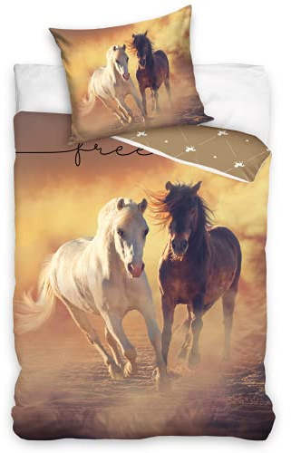 termana Parure de lit avec housse de couette de 135 x 200 cm - Motif chevaux Freedom - Taie d'oreiller de 80 x 80 cm et housse de couette de 135 x 200 cm - 100 % coton, Marron