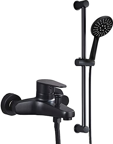 Duschstange Edelstahl mit Badewannenarmatur mit Handbrause mattschwarzes sus304-Edelstahl-Finish, Duschkopf mit Schlauch 150 cm und Brausehalter Wand