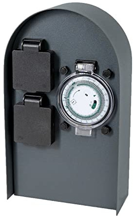 Grafner Edelstahl Design Gartensteckdose mit Zeitschaltuhr 2 Steckdosen, anthrazit, ON/Auto, 3600 Watt, Pulverbeschichtung, Energiesäule Timer Mehrfach Metall Außen Steckdose 2-Fach schwarz lackiert