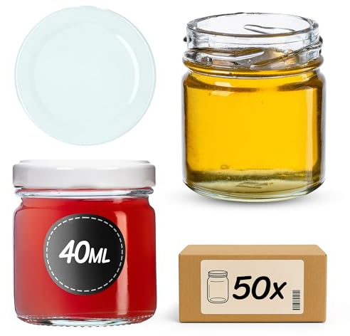 KADAX 50er Set Mini Einmachgläser 40ml mit TO43 Schraubdeckel Weiß – Gewürzgläser, Probiergläser & Marmeladengläser | Luftdicht & Spülmaschinenfest