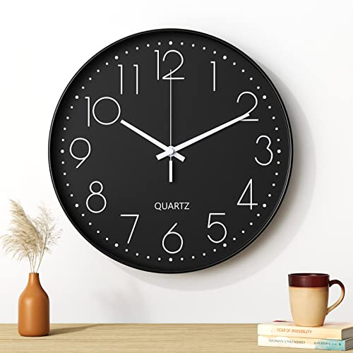 Uootach Reloj de Pared, 30CM Movimiento de Cuarzo silencioso, diseño Minimalista Moderno (Negro Caracteres Blancos)