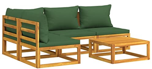 vidaXL Garten Lounge Set 5-TLG., Gartenmöbel Set mit Grünen Kissen, Sitzgruppe für Garten Terrasse, Modular Sofa Garnitur Loungemöbel, Massivholz