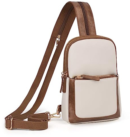 UTO Bröstväska ryggsäck dam 2 i 1 konstläder slingväska crossbody bag snygg justerbar axelrem magväska axelväska dagryggsäck axelväska vattentät för utomhus fritid, 1259 vit-brun stor, Utility