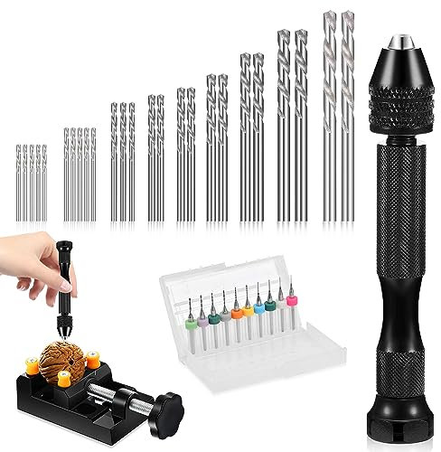 Udbrud 37 Teiliges Mini-Handbohrer-Set für Handwerk, 0,3–1,2 mm PCB-Mini-Bohrer und 0,5–3,0 Spiralbohrer mit Präzisions-Handstift-Schraubstock Micro Twist Bohrerspitzen für Bohrwerkzeuge Modellbau DIY