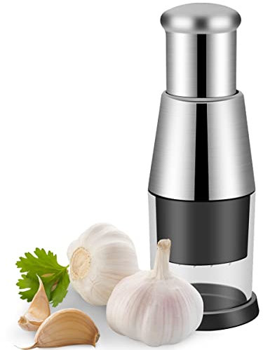 Hachoir à ail pressé manuel en acier inoxydable - Presse-ail manuel à pousser - Pour salade de gingembre, chili et oignon