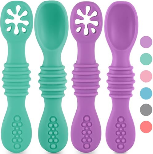 HOMYBABY® Silikon-Baby-Löffel – Babylöffel ab 6 Monate und für 2 Phasen – BLW Antibakterielles Esslernbesteck – Baby-Besteck mit 2 ergonomischen Baby-Löffeln – Babybesteck (K, x4)