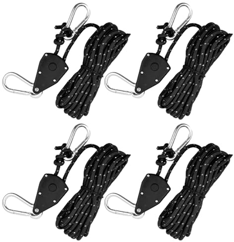 4 Pièces Corde de Tente Réfléchissante, 4mm Cordes à Cliquet avec Crochets, 5M Corde De Camping Légère pour Tente, Paracorde Corde avec Poulie pour Auvent, Tente, Bâche, Randonnée Extérieur (Noir)