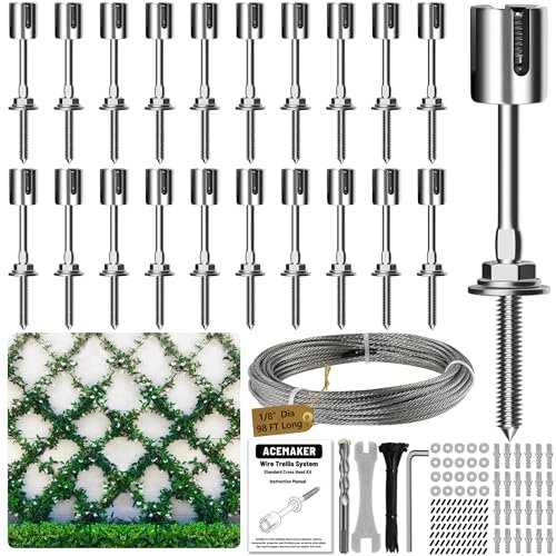 Acemaker Drahtspalier für Kletterpflanzen im Freien, 20 Set Wanddraht Rankhilfe Kit mit 1/8 Zoll x 29,9 m Edelstahlkabel, T316 Spaliersystem für Zaun und Garten DIY Projekte