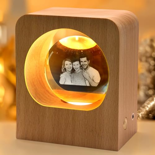 Personalised 3D Photo Crystal, Etched Engraved Custom 3D Pictures in Glass Photo Ball in Memory with LED Light Wood Base for Women, Customised Family Pet 3D Crystal Photo Gift for Her, Him, Mom, Dad