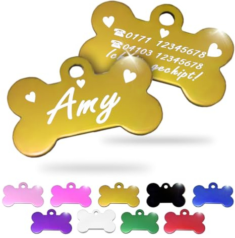Ibera gifts - Hundemarke mit Gravur und personalisierte Hundemarke in Knochenform für kleine bis mittelgroße Hunde und Katzen (Gold, Herzen)