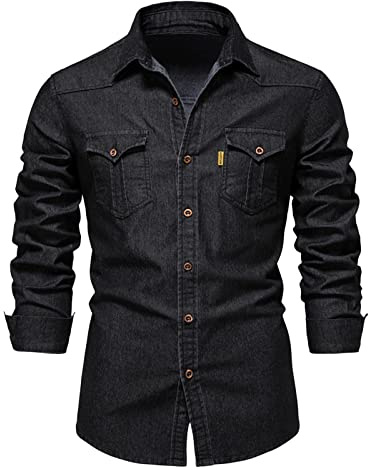 Camicia da festa da uomo lavata classica a maniche lunghe camicia jeans con tasca stretta per uomo camicia uomo colletto alto, Nero , M