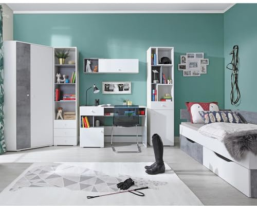 Lomadox Jugendzimmer Set 6-teilig mit Eckkleiderschrank, 2 Regalschränke, Wandregal, Schreibtisch, Jugendbett in Beton und weiß modern