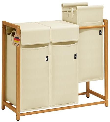 AdelDream Wäschekorb 150L – Bambus Wäschesortierer mit 3 Fächern, abnehmbarer & atmungsaktiver Wäschesack, Wäschebox für Schmutzwäsche & Aufbewahrung im Badezimmer Beige (Beige-12-4)