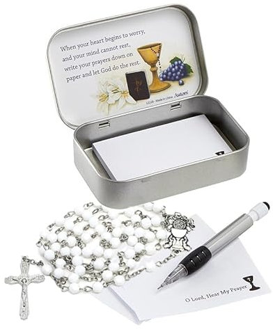 Holy First Communion Prayer Box Gift Set Includes White Communion Rosary and Silver Metal Rosary Box with Pencil and Paper