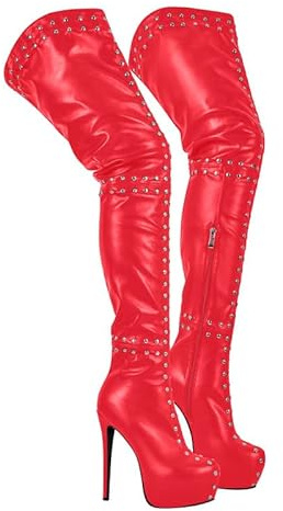 blingqueen Damen Plateau Overknee Boots Stiletto Stiefel mit Nieten | Runde Zehen, Überknie Stiefel, Plattform Stilettoabsatz, mit Nieten, Reißverschluss, Lederoptik