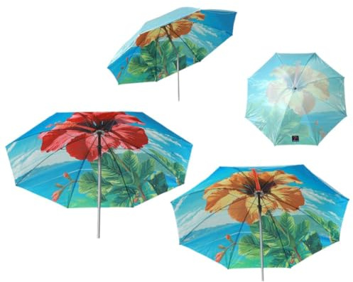 Atosa Strandschirm, Design tropische Blumen, schwenkbar, aus Metall, Durchmesser 220 cm, Nylon, LSF 50+, 2 Möglichkeiten, mit Hülle, bunt